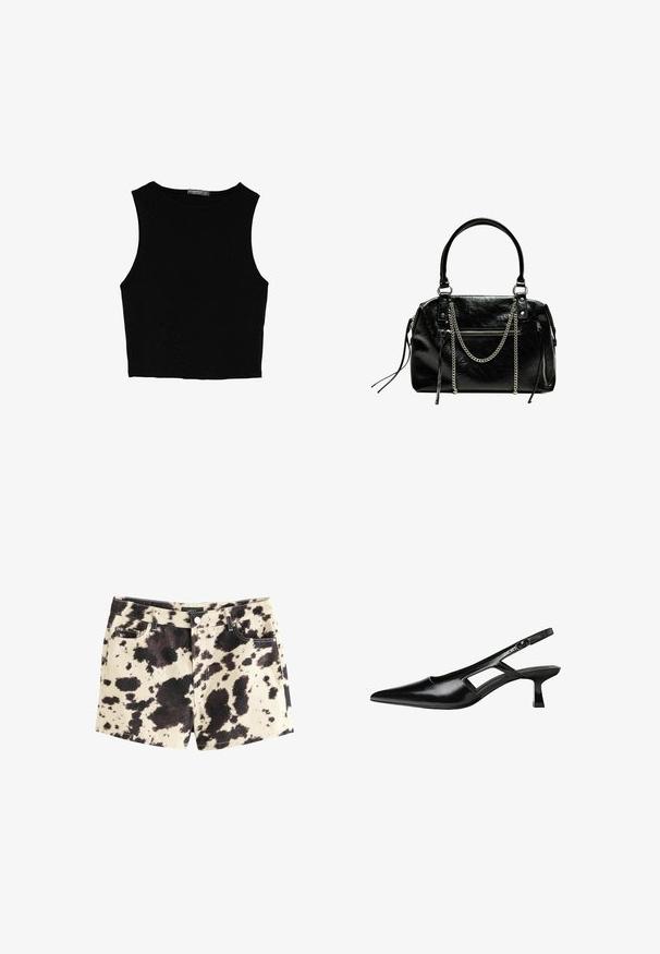 Schwarzes ärmelloses Crop-Top aus glattem Stoff, mit rundem Ausschnitt und einem klaren, schlichten Design ohne Muster oder Beschläge.; Denim-Shorts mit beigem Grundton und einem schwarz-braunen Kuhfell-Muster. Verfügt über fünf Taschen, einen Metallknopfverschluss und Kontrastnähte.; Schwarze Lackleder-Slingback-High Heels mit spitzer Zehenform, ausgeschnittenem Seitendesign und kleinem Blockabsatz. Glatte Textur mit minimalen Akzenten.; Bershka WITH CHAIN - Handtasche - black