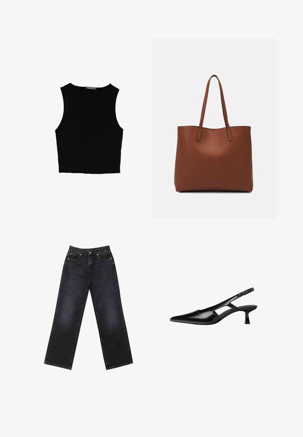Černý bezsleeve crop top vyrobený z hladké tkaniny, s kulatým výstřihem a čistým, jednoduchým designem bez vzorů nebo kovových doplňků.; Černé džíny s vysokým pasem a širokým střihem, pět kapsami a viditelným švem. Materiál má hladký, mírně strukturovaný povrch.; Černé lakované lodičky na podpatku se špičatou špičkou, výřezovým designem na boku a malým čtvercovým podpatkem. Hladká textura s minimálními akcenty.; Hnědá kožená taška přes rameno s hladkou texturou, otevřeným designem a dvěma ramenními popruhy. Obsahuje minimální švy a žádné viditelné kovové prvky.