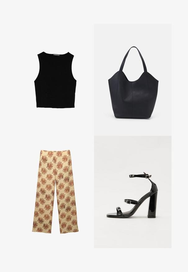 Musta hihaton crop-top, joka on valmistettu sileästä kankaasta, jossa on pyöreä kaula-aukko ja siisti, yksinkertainen muotoilu ilman kuvioita tai varusteita.; Pantalon lebar terbuat dari kain lembut dengan latar belakang krem yang memiliki pola bunga berwarna karat yang berulang. Ikat pinggang elastis untuk kenyamanan.; Musta kiiltävä korkokenkä sandaalit neliönmuotoisella varpaalla, nilkkaremmillä ja hopeisilla soljilla. Varustettu tukevalla lohkokorkealla vakauden takaamiseksi.; Mustat kangaskassit, jotka on valmistettu sileästä nahasta, jossa on kaareva, avoin yläosa, kaksi olkahihnaa ja minimalistinen muotoilu.