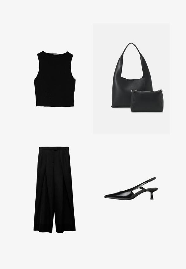 Černý bezsleeve crop top vyrobený z hladké tkaniny, s kulatým výstřihem a čistým, jednoduchým designem bez vzorů nebo kovových doplňků.; Černé kalhoty s širokými nohavicemi a vysokým pasem, s předními záhyby, hladkou texturou a přiléhavým pasem. Žádné viditelné kapsy.; Černé lakované lodičky na podpatku se špičatou špičkou, výřezovým designem na boku a malým čtvercovým podpatkem. Hladká textura s minimálními akcenty.; Even&Odd SET - Kabelka - black