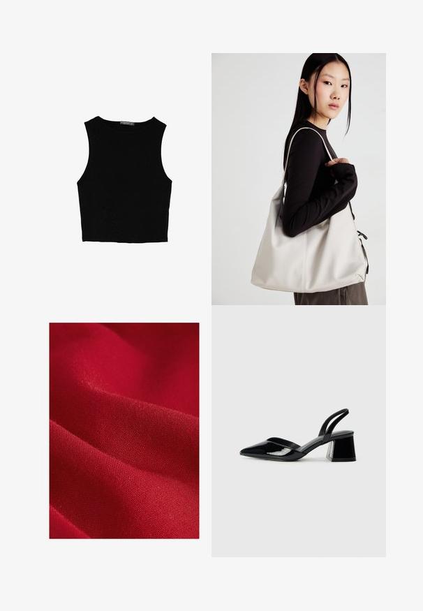 Schwarzes ärmelloses Crop-Top aus glattem Stoff, mit rundem Ausschnitt und einem klaren, schlichten Design ohne Muster oder Beschläge.; Roter Stoff mit glatter Textur, der eine feine Webart und einen leichten Glanz aufweist, mit sanften Falten und Konturen.; Schwarze Lackleder-Slingback-High Heels mit spitzem Schuh und einem geometrischen Blockabsatz. Verfügt über ein schlankes, minimalistisches Design und eine glatte Textur.; Beige Handtasche aus weichem Material, mit einem lässigen Design, gesteppten Details und zwei Schulterriemen. Geeignet für den täglichen Gebrauch.