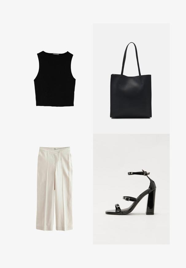 Černý bezsleeve crop top vyrobený z hladké tkaniny, s kulatým výstřihem a čistým, jednoduchým designem bez vzorů nebo kovových doplňků.; Next ASYMETRIC WAITBAND TAILORED WIDE LEG - Kalhoty - neutral; Černé lakované sandály na podpatku se čtveratou špičkou, lýtkovými pásky a stříbrnými přezkami. Disponují masivním blokovým podpatkem pro stabilitu.; Černá kožená taška přes rameno s hladkým povrchem, obdélníkovým tvarem a dvěma dlouhými uchy. Žádné viditelné kování ani ozdoby.