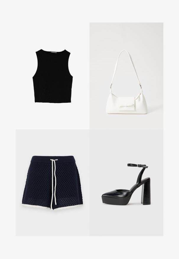 Zwarte mouwloze crop top van soepel materiaal, met een ronde hals en een schone, eenvoudige uitstraling zonder patronen of hardware.; Marine gebreide shorts met een textuurpatroon, verstelbare koordjes en een geschulpte witte zoom. Lichtgewicht en ademend materiaal.; Zwarte plateauhakken met een puntige neus en verstelbare enkelband. Gemaakt van soepel leer, met een robuuste blokhak.; Witte synthetische handtas met een driehoekige vorm, platte voorklep en strikdetail, verstelbare schouderriem, gladde textuur en minimalistisch ontwerp.