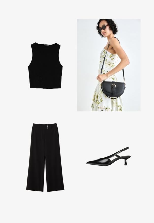 Zwarte mouwloze crop top van soepel materiaal, met een ronde hals en een schone, eenvoudige uitstraling zonder patronen of hardware.; Zwarte broek met brede pijpen en een platte tailleband, uitgerust met twee knoopaccenten aan de voorkant en zijzakken voor functionaliteit. Gladde textuur.; Zwarte gepatineerde leren slingback hakken met een puntige neus, uitsparing aan de zijkant en een kleine vierkante hak. Gladde textuur met minimale accenten.; Zwarte leren handtas met een gebogen vorm, afneembare schouderband en gouden hardware. De tas heeft een klep met een gespsluiting.