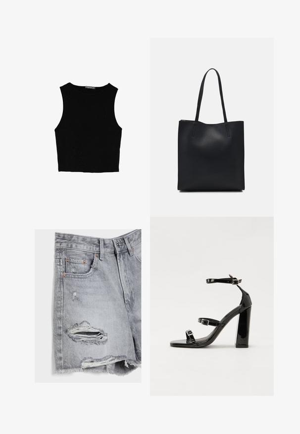 Svart ärmlös crop top i mjukt tyg, med rund hals och en ren, enkel design utan mönster eller detaljer.; Denimshorts i ljusgrått med slitna detaljer, fransad nederkant och kopparnitar på fickorna. Med rivna detaljer på fram- och baksidan.; Svarta lackerade klacksandaler med fyrkantig tå, ankelremmar och silverfärgade spännen. Har en kraftig blockklack för stabilitet.; Svart lädertoffelväska med slät textur, rektangulär form och två långa handtag. Ingen synlig hårdvara eller dekorationer.