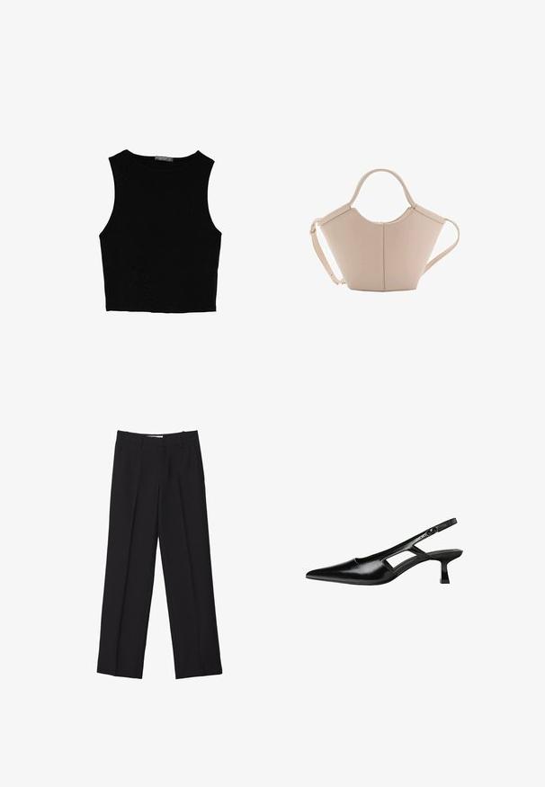 Top court sans manches noir en tissu lisse, avec un col rond et un design épuré, simple, sans motifs ni accessoires.; Pantalons noir sur mesure avec une coupe droite, présentant des plis doubles, une texture lisse et des détails de couture frontale subtils.; Escarpins slingback en cuir verni noir avec un bout pointu, un design découpé sur les côtés et un petit talon carré. Texture lisse avec des accents minimaux.; Sac à main en cuir beige avec une forme unique, doté de deux poignées courtes et d'une longue sangle réglable. Texture lisse avec un minimum de matériel.