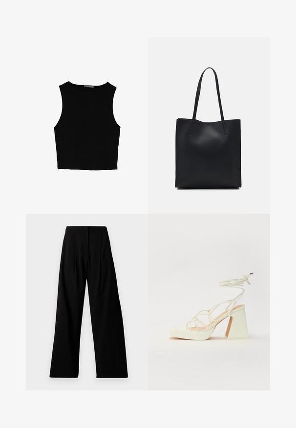 Čierny bezrukávový crop top vyrobený z hladkej tkaniny, so zaobleným výstrihom a čistým, jednoduchým dizajnom bez vzorov alebo kovania.; Široké čierne nohavice s vysokým pásom, s plisovaním, skrytým predným zapínaním a minimálnym brandingom na ľavom stehne.; Biele sandále na vysokom opätku s hrubým podpätkom, s pruhovaným dizajnom a viazaním na členku. Hladký povrch s platformou vpredu pre zvýšenú výšku.; Čierna kožená taška na rameno s hladkým povrchom, obdĺžnikovým tvarom a dvoma dlhými uchami. Bez viditeľného kovania alebo ozdôb.
