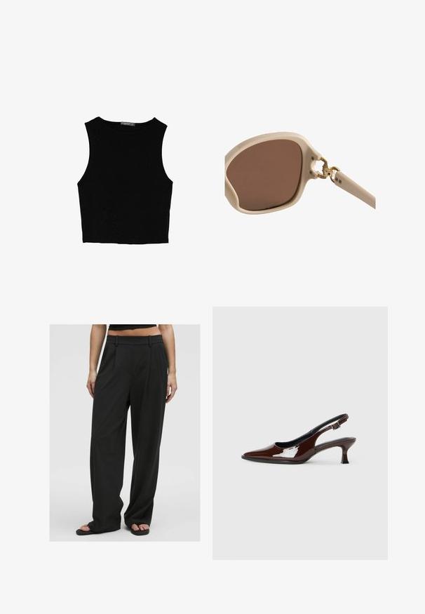 Černý bezsleeve crop top vyrobený z hladké tkaniny, s kulatým výstřihem a čistým, jednoduchým designem bez vzorů nebo kovových doplňků.; Černé široké kalhoty s hladkou texturou, vysokým pasem, předními skladbami a poutky na pásek, s upraveným střihem a bez viditelných vzorů.; Hnědé lakované kožené slingback boty s špičatou špičkou a mírným podpatkem. Disponují přezkou pro bezpečné upevnění. Hladký povrch.; Světlé béžové sluneční brýle s hnědými skly, rámeček ve tvaru zaobleného čtverce, zlaté akcenty na pantech a světlé texturované nožičky.