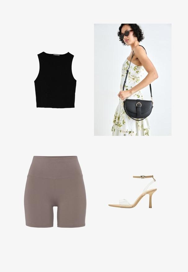 Musta hihaton crop-top, joka on valmistettu sileästä kankaasta, jossa on pyöreä kaula-aukko ja siisti, yksinkertainen muotoilu ilman kuvioita tai varusteita.; Korkeavyötäröiset shortsit hillityn taupe-värisinä, valmistettu sileästä ja joustavasta kankaasta. Ominaisuuksiin kuuluu saumatön design ja istuva siluetti.; Kirkas korkokenkä läpinäkyvällä varrella, beigellä pohjalla ja hoikalla nilkkahihnalla. Ominaisuuksiin kuuluu terävä kärki ja ohut korkea korko.; Musta nahkainen käsilaukku, joka on kaareva muotoilultaan, irrotettavalla hihnalla ja kultaisilla yksityiskohdilla. Laukussa on läppä, jossa on solk yksityiskohta.