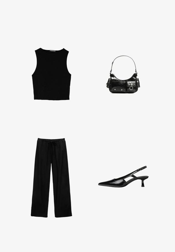 Black sleeveless crop top made of smooth fabric, featuring a round neck and a clean, simple design without patterns or hardware.; Black wide-leg pants made of lightweight fabric with an elastic waistband and drawstring detail. Simple design, no patterns or hardware.; Black patent leather slingback heels with a pointed toe, cut-out side design, and a small square heel. Smooth texture with minimal accents.; Black patent leather handbag with a curved shape, one shoulder strap, front pockets, and silver-tone hardware accents.