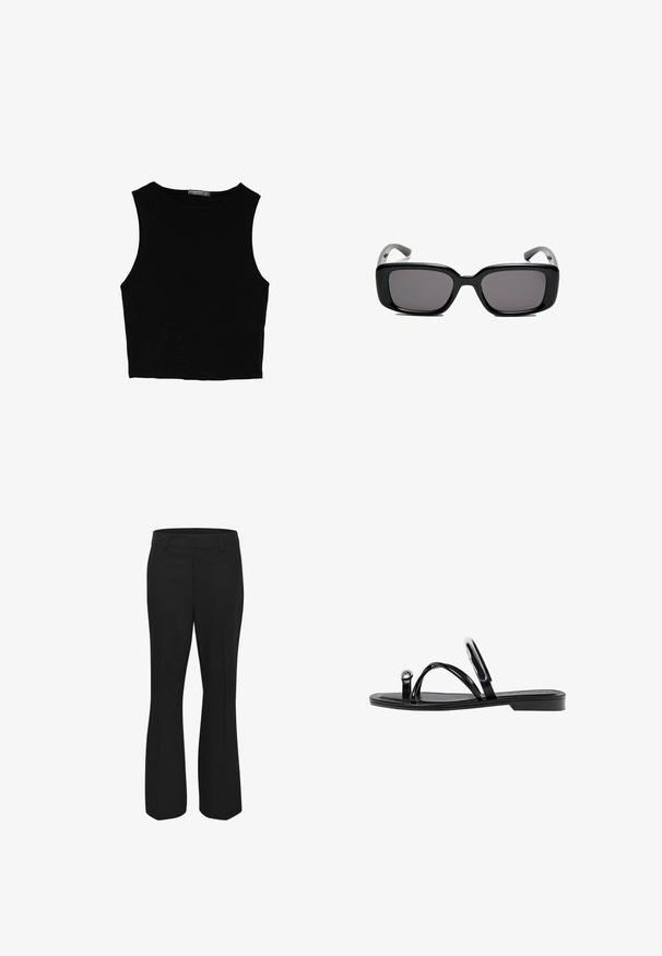 Schwarzes ärmelloses Crop-Top aus glattem Stoff, mit rundem Ausschnitt und einem klaren, schlichten Design ohne Muster oder Beschläge.; Schwarze Hosen aus glattem Stoff, mit gerader Beinform, flachem Bund und seitlichen Taschen. Keine sichtbaren Muster oder Akzente.; Schwarze flache Sandalen mit glänzender Oberfläche, drei dünnen Riemen und einem runden Hardware-Detail an den Zehen. Elegantes Design mit einem minimalen Absatz.; Schwarze rechteckige Sonnenbrille mit dunklen Gläsern, glattem Kunststoffrahmen und gebogenen Bügeln. Das Design ist klobig mit einer minimalistischen Ästhetik.; Beige Lederhandtasche mit einer einzigartigen Form, die zwei kurze Henkel und einen langen verstellbaren Riemen aufweist. Glatte Textur mit minimalen Hardware-Elementen.