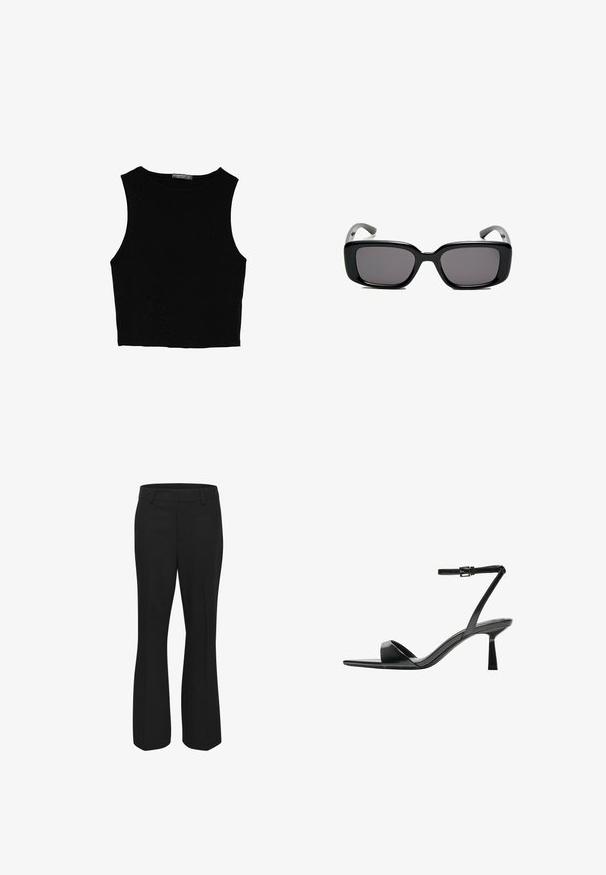 Musta hihaton crop-top, joka on valmistettu sileästä kankaasta, jossa on pyöreä kaula-aukko ja siisti, yksinkertainen muotoilu ilman kuvioita tai varusteita.; Mustat housut, jotka on valmistettu sileästä kankaasta. Niissä on suora lahje, litteä etuosa ja sivutaskut. Ei näkyviä kuvioita tai yksityiskohtia.; Bershka Korolliset sandaalit - black; Mustat suorakulmaiset aurinkolasit tummilla linsseillä, sileä muovikehys ja kaarevat templet. Suunnittelu on jykevä ja minimalistinen.