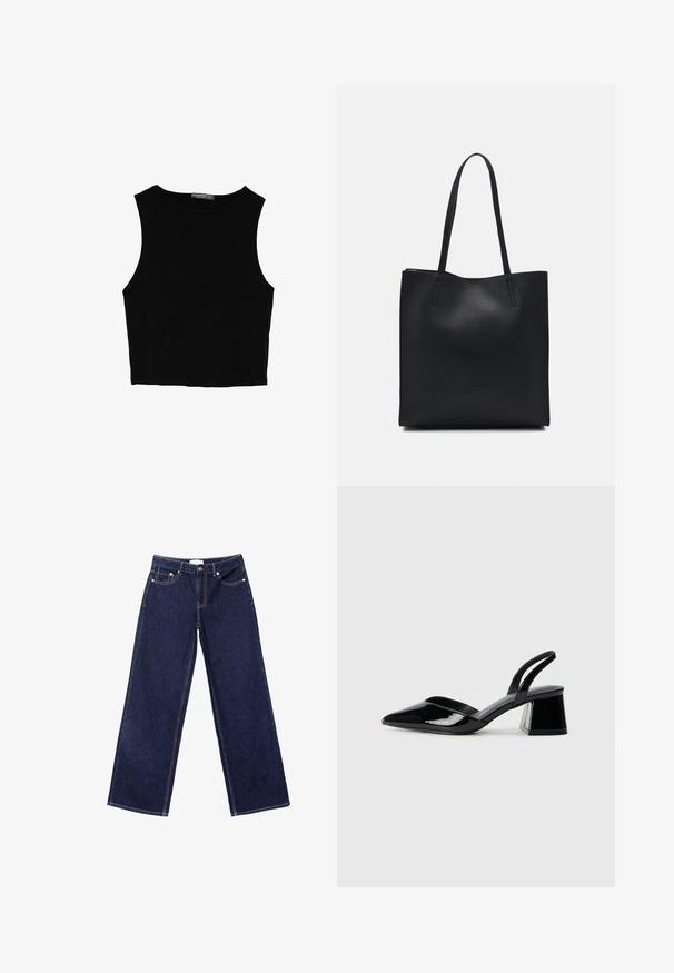 Černý bezsleeve crop top vyrobený z hladké tkaniny, s kulatým výstřihem a čistým, jednoduchým designem bez vzorů nebo kovových doplňků.; Tmavě modré džínové kalhoty širokého střihu, vyrobené z denimu, s kontrastním šitím, pěti kapsami a zapínáním na knoflíky.; Černé lakované kožené lodičky na pásku s špičatou špičkou a geometrickým blokovým podpatkem. Vyznačují se elegantním, minimalistickým designem a hladkým povrchem.; Černá kožená taška přes rameno s hladkým povrchem, obdélníkovým tvarem a dvěma dlouhými uchy. Žádné viditelné kování ani ozdoby.