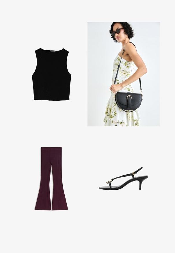 Černý bezsleeve crop top vyrobený z hladké tkaniny, s kulatým výstřihem a čistým, jednoduchým designem bez vzorů nebo kovových doplňků.; Rozšířené legíny v bohaté burgundské barvě, se strukturovaným žebrovaným designem a pevným, pružným pasem pro pohodlí a dobré padnutí.; Černé kožené sandály na kotníkovém podpatku s tenkými pásky, zlatou sponou a minimalistickým provlečením na prstech na bílém pozadí.; Černá kožená kabelka s křivkovým tvarem, odnímatelným popruhem a zlatými detaily. Kabelka má klopu s přezkou.