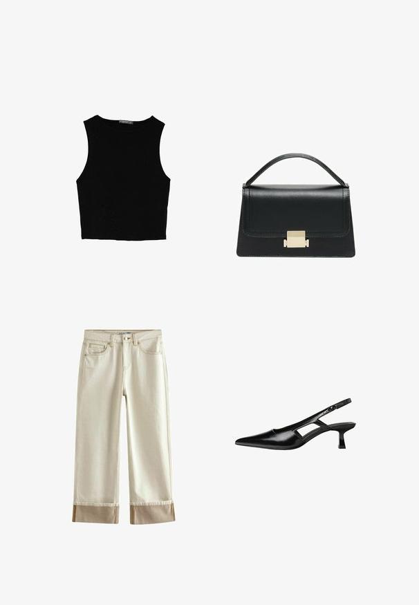 Černý bezsleeve crop top vyrobený z hladké tkaniny, s kulatým výstřihem a čistým, jednoduchým designem bez vzorů nebo kovových doplňků.; Next CROPPED TURN UP - Široké džíny - ecru white; Černé lakované lodičky na podpatku se špičatou špičkou, výřezovým designem na boku a malým čtvercovým podpatkem. Hladká textura s minimálními akcenty.; Černá kožená kabelka se strukturovaným designem, horním uchopením a zlatým kovovým zapínáním na přední straně. Hladký povrch, minimální švy.