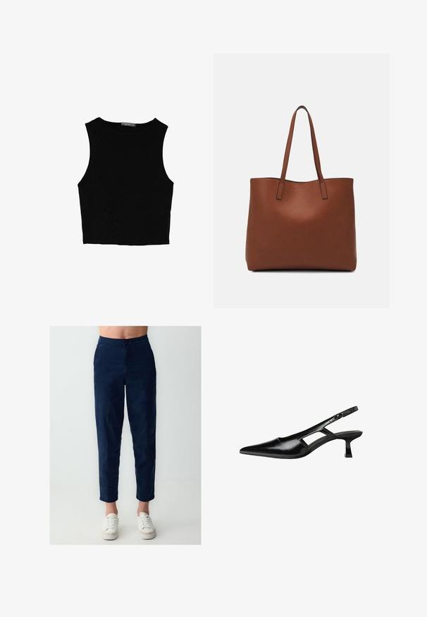 Schwarzes ärmelloses Crop-Top aus glattem Stoff, mit rundem Ausschnitt und einem klaren, schlichten Design ohne Muster oder Beschläge.; Hose aus einem Baumwoll-Mischgewebe in Marineblau mit geradem Schnitt, ausgestattet mit einem Knopfverschluss, seitlichen Taschen und einer weichen Textur. Kombiniert mit weißen Sneakers.; Schwarze Lackleder-Slingback-High Heels mit spitzer Zehenform, ausgeschnittenem Seitendesign und kleinem Blockabsatz. Glatte Textur mit minimalen Akzenten.; Braune Leder-Tote mit glatter Textur, offenem Oberteil und zwei Schulterriemen. Verfügt über minimale Nähte und keine sichtbaren Beschläge.
