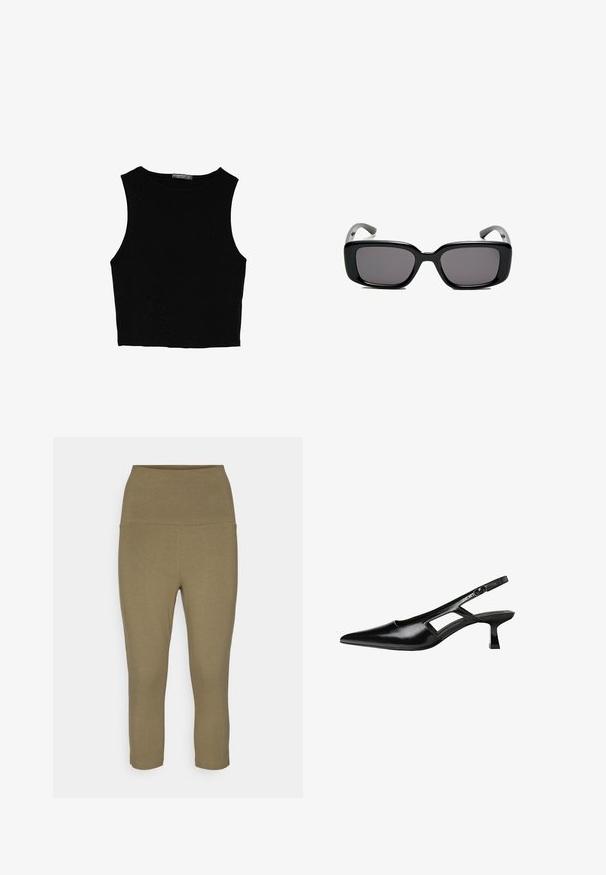 Svart ärmlös crop top i mjukt tyg, med rund hals och en ren, enkel design utan mönster eller detaljer.; Olivgröna caprileggings i mjukt, stretchy material; har en bred midja för stöd och en sömlös design för komfort.; Svart lackläder slingback-klackar med spetsig tå, utskuren sidor och en liten fyrkantig klack. Slät textur med minimala accenter.; Svarta rektangulära solglasögon med mörka linser, slimmad plastbåge och böjda tempel. Designen är kraftig med en minimalistisk estetik.