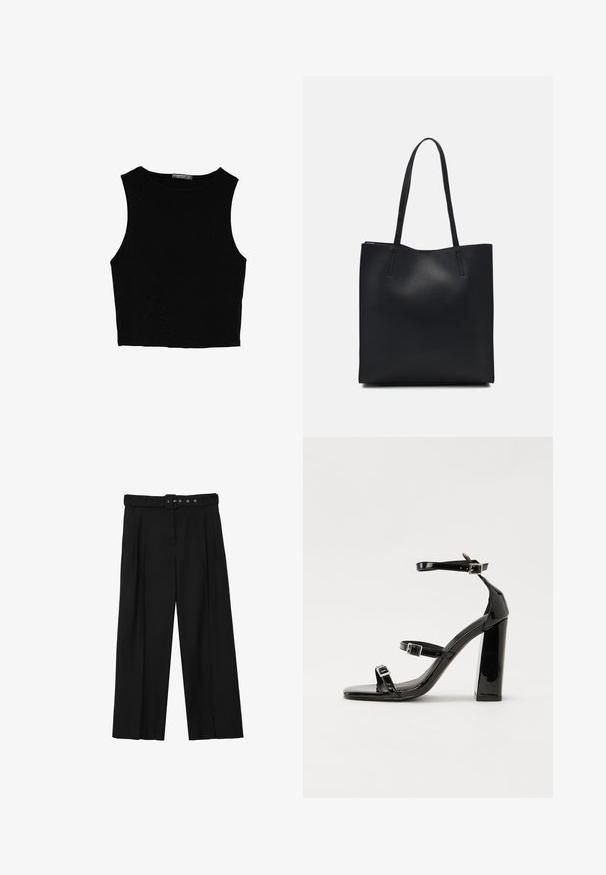 Schwarzes ärmelloses Crop-Top aus glattem Stoff, mit rundem Ausschnitt und einem klaren, schlichten Design ohne Muster oder Beschläge.; Schwarze weit geschnittene Hosen aus einem glatten Stoff, mit einem taillierten Bund und silbernem Zubehör sowie Frontfalten, die eine bequeme Passform bieten.; Schwarze patentierte Sandalen mit Absatz, quadratischer Spitze, Knöchelriemen und silbernen Schnallen. Mit einem stabilen Blockabsatz für mehr Stabilität.; Schwarze Laptoptasche aus Leder mit glatter Textur, rechteckiger Form und zwei langen Griffen. Keine sichtbaren Beschläge oder Verzierungen.