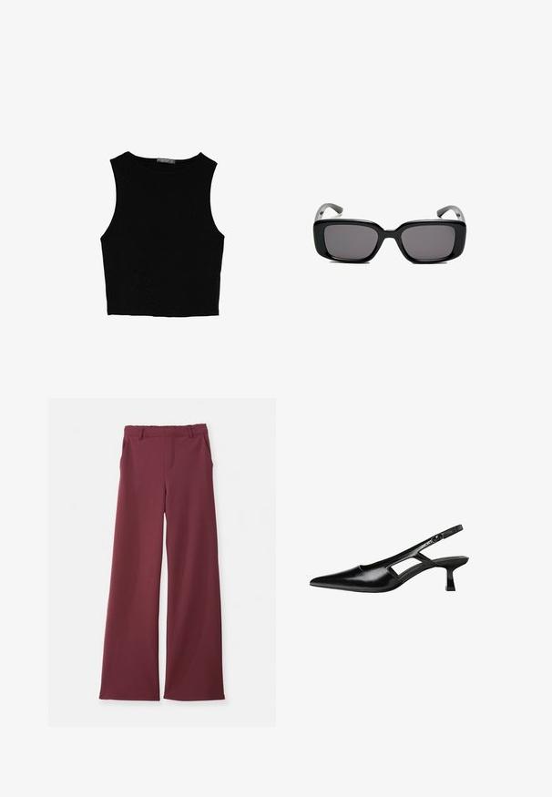 Musta hihaton crop-top, joka on valmistettu sileästä kankaasta, jossa on pyöreä kaula-aukko ja siisti, yksinkertainen muotoilu ilman kuvioita tai varusteita.; Lepat leveleissä syvän burgundin värisissä housuissa on sivutaskut, vöölukot ja etusauman yksityiskohtia, aseteltuna tasaisesti valkoista taustaa vasten.; Mustat lakatut nahkakengät, joissa on viistopää, leikattu sivusuunnassa ja pieni neliökoroke. Sujuva pinta, jossa on minimaalinen koristelu.; Mustat suorakulmaiset aurinkolasit tummilla linsseillä, sileä muovikehys ja kaarevat templet. Suunnittelu on jykevä ja minimalistinen.