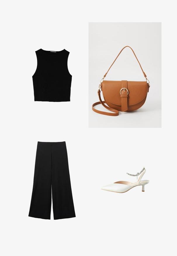 Czarny bezrękawnik crop top z gładkiego materiału, z okrągłym dekoltem i czystym, prostym wzornictwem, bez wzorów czy metalowych elementów.; Czarne spodnie o szerokich nogawkach wykonane z miękkiego materiału. Posiadają wysoką talię oraz gładką teksturę bez widocznych wzorów czy akcentów.; Białe buty na obcasie typu slingback z wydłużonym noskiem i niskim koturnem. Ozdobione łańcuszkiem wokół kostki. Gładka, matowa faktura.; Brązowa skórzana torba na ramię o zaokrąglonym kształcie, ze złotymi akcentami i zapięciem w formie klamry. Posiada odpinany pasek na ramię.