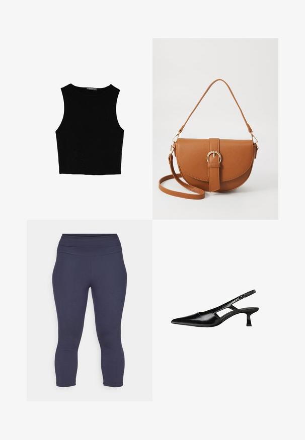 Svart ärmlös crop top i mjukt tyg, med rund hals och en ren, enkel design utan mönster eller detaljer.; Marinblå höga capribyxor i leggingsstil gjorda av ett mjukt och stretchigt material. Har en bred midjeband och en figurnära silhuett.; Svart lackläder slingback-klackar med spetsig tå, utskuren sidor och en liten fyrkantig klack. Slät textur med minimala accenter.; Brun läder crossbody-väska med en böjd form, gyllene detaljer och en spänneaccent. Har en avtagbar axelrem.
