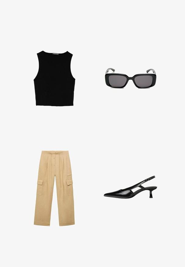 Schwarzes ärmelloses Crop-Top aus glattem Stoff, mit rundem Ausschnitt und einem klaren, schlichten Design ohne Muster oder Beschläge.; Beige Leinen-Cargo-Hosen mit weitem Bein, ausgestattet mit zwei Seitentaschen, einem Kordelzugbund und einer dezenten Textur.; Schwarze Lackleder-Slingback-High Heels mit spitzer Zehenform, ausgeschnittenem Seitendesign und kleinem Blockabsatz. Glatte Textur mit minimalen Akzenten.; Schwarze rechteckige Sonnenbrille mit dunklen Gläsern, glattem Kunststoffrahmen und gebogenen Bügeln. Das Design ist klobig mit einer minimalistischen Ästhetik.