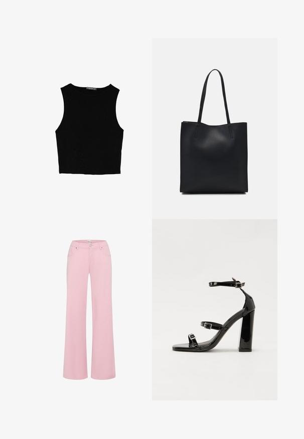 Schwarzes ärmelloses Crop-Top aus glattem Stoff, mit rundem Ausschnitt und einem klaren, schlichten Design ohne Muster oder Beschläge.; Rosafarbene weite Hosen aus weichem Baumwollmischgewebe. Mit zwei Vordertaschen, einem Knopfverschluss und einem mittelhohen Bund.; Schwarze patentierte Sandalen mit Absatz, quadratischer Spitze, Knöchelriemen und silbernen Schnallen. Mit einem stabilen Blockabsatz für mehr Stabilität.; Schwarze Laptoptasche aus Leder mit glatter Textur, rechteckiger Form und zwei langen Griffen. Keine sichtbaren Beschläge oder Verzierungen.