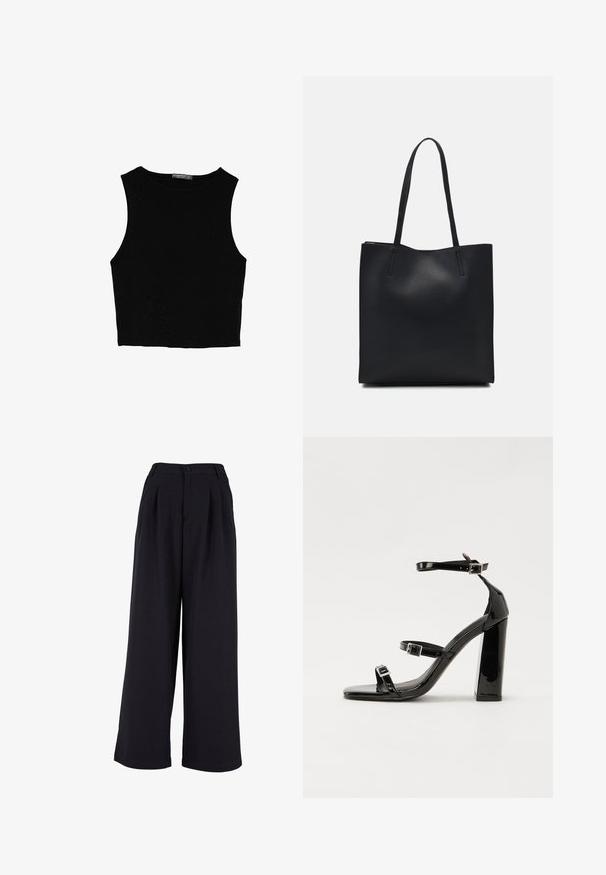 Černý bezsleeve crop top vyrobený z hladké tkaniny, s kulatým výstřihem a čistým, jednoduchým designem bez vzorů nebo kovových doplňků.; Široké kalhoty z černé látky, s předními sklady, zapínáním na knoflík a hladkým povrchem. Na míru šitý design s vysokým pasem.; Černé lakované sandály na podpatku se čtveratou špičkou, lýtkovými pásky a stříbrnými přezkami. Disponují masivním blokovým podpatkem pro stabilitu.; Černá kožená taška přes rameno s hladkým povrchem, obdélníkovým tvarem a dvěma dlouhými uchy. Žádné viditelné kování ani ozdoby.