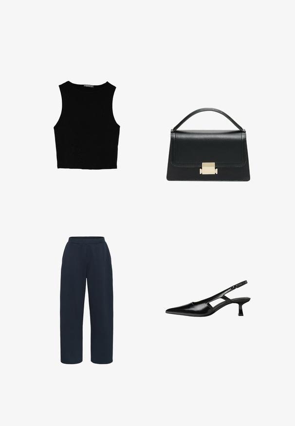Schwarzes ärmelloses Crop-Top aus glattem Stoff, mit rundem Ausschnitt und einem klaren, schlichten Design ohne Muster oder Beschläge.; Kaffe Jogginghose - midnight marine; Schwarze Lackleder-Slingback-High Heels mit spitzer Zehenform, ausgeschnittenem Seitendesign und kleinem Blockabsatz. Glatte Textur mit minimalen Akzenten.; Schwarze Lederhandtasche mit strukturiertem Design, oberem Griff und einem goldenen Metallschnappverschluss auf der Vorderseite. Glatte Textur, minimale Nähte.