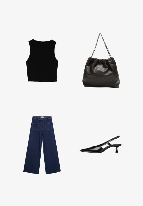 Svart ärmlös crop top i mjukt tyg, med rund hals och en ren, enkel design utan mönster eller detaljer.; Bredbeniga denimbukser i mörkblått, med hög midja, fyra fickor och synliga sömnadsdetaljer. Slät textur med en klassisk skärning.; Svart lackläder slingback-klackar med spetsig tå, utskuren sidor och en liten fyrkantig klack. Slät textur med minimala accenter.; Brun läderväska med rynkad topp och kedjesnodd. Slät textur med en blankslipad yta och subtila sömdetaljer på sidorna.