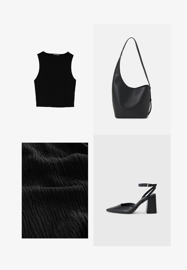 Svart ärmlös crop top i mjukt tyg, med rund hals och en ren, enkel design utan mönster eller detaljer.; Svart vågig tyg med en strukturerad yta, som har djupa rännor och varierande nyanser som skapar ett tredimensionellt utseende.; Svart läderpumps med spetsig tå, ankelrem och kraftig klack. Slät textur, stilren design och minimalistisk estetik.; Svart läder hobo-väska med en slät textur, kurvig form och en justerbar axelrem; har en bred öppning upptill.