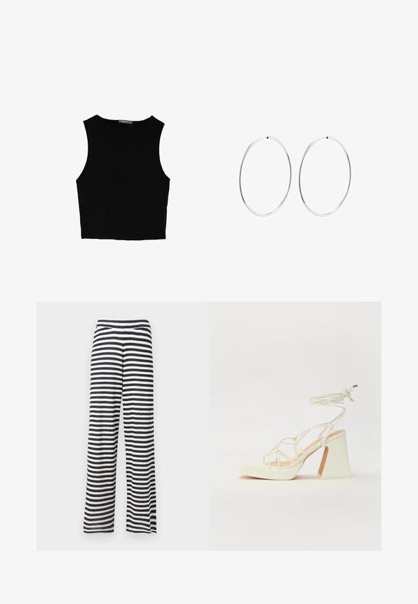 Top court sans manches noir en tissu lisse, avec un col rond et un design épuré, simple, sans motifs ni accessoires.; Pantalons larges en tissu tricoté, avec des rayures horizontales bleu marine et crème, une surface texturée et une taille élastique.; Sandale blanche à talons hauts avec un talon épais, présentant un design à lanières et un lien autour de la cheville. Texture lisse avec une plateforme à l'avant pour une hauteur supplémentaire.; Boucles d'oreilles en argent avec un design lisse et rond, et une finition polie. Elles sont fines et légères, avec un fermoir simple.