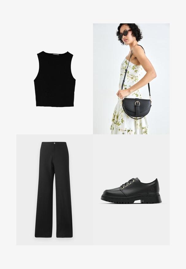 Musta hihaton crop-top, joka on valmistettu sileästä kankaasta, jossa on pyöreä kaula-aukko ja siisti, yksinkertainen muotoilu ilman kuvioita tai varusteita.; Mustat, leveälahkeiset housut, jotka on valmistettu pehmeästä kankaasta. Niissä on etunapitus, siistit linjat ja minimalistinen muotoilu ilman kuvioita.; Musta nahkakenkä, jossa on kultaiset nauha-aukot, pyöristetty varvas, teksturoitu kumipohja ja tukeva kanta, jossa on kuvioitu kumipohja.; Musta nahkainen käsilaukku, joka on kaareva muotoilultaan, irrotettavalla hihnalla ja kultaisilla yksityiskohdilla. Laukussa on läppä, jossa on solk yksityiskohta.