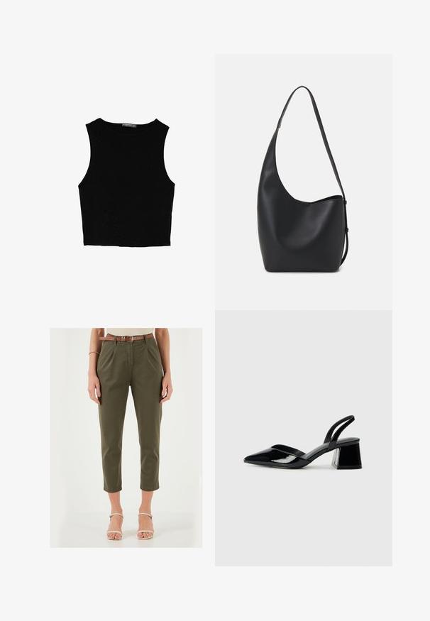 Czarny bezrękawnik crop top z gładkiego materiału, z okrągłym dekoltem i czystym, prostym wzornictwem, bez wzorów czy metalowych elementów.; Spodnie w kolorze oliwkowym, dopasowane, z zakładkami, o długości 7/8 i brązowym paskiem. Materiał wydaje się gładki; posiada boczne kieszenie oraz dopasowany w pasie krój.; Czarne lakierowane półbuty na obcasie z wydłużonym noskiem i geometrycznym słupkiem. Charakteryzują się eleganckim, minimalistycznym designem oraz gładką fakturą.; Czarna skórzana torba hobo o gładkiej fakturze, zaokrąglonym kształcie i pojedynczym, regulowanym pasku; posiada szerokie otwarcie na górze.