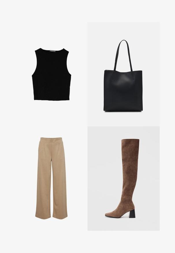 Schwarzes ärmelloses Crop-Top aus glattem Stoff, mit rundem Ausschnitt und einem klaren, schlichten Design ohne Muster oder Beschläge.; Beige weite Hose aus weichem Stoff mit zwei vorderen Falten, elastischem Bund und glatter Textur.; Braune Overknee-Stiefel aus weichem Wildleder mit spitzer Zehenform und einem massiven schwarzen Absatz. Das Design verfügt über nahtlose Nähte für einen eleganten Look.; Schwarze Laptoptasche aus Leder mit glatter Textur, rechteckiger Form und zwei langen Griffen. Keine sichtbaren Beschläge oder Verzierungen.