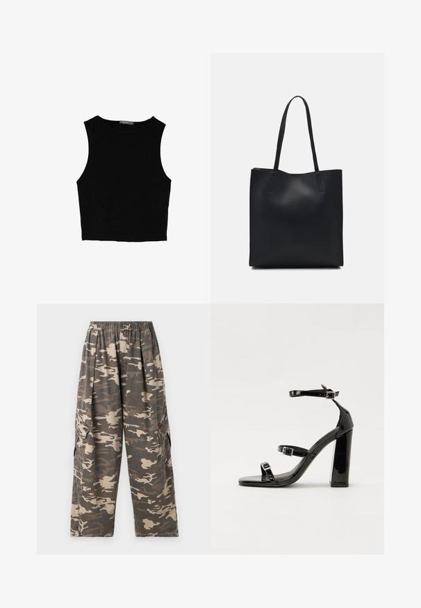 Čierny bezrukávový crop top vyrobený z hladkej tkaniny, so zaobleným výstrihom a čistým, jednoduchým dizajnom bez vzorov alebo kovania.; BDG Urban Outfitters BOBBI - Kapsáče - camo; Čierne lakované sandále na podpätku so štvorcovou špičkou, navlečenými remienkami okolo členku a striebornými prackami. Disponujú masívnym blokovým podpätkom pre stabilitu.; Čierna kožená taška na rameno s hladkým povrchom, obdĺžnikovým tvarom a dvoma dlhými uchami. Bez viditeľného kovania alebo ozdôb.