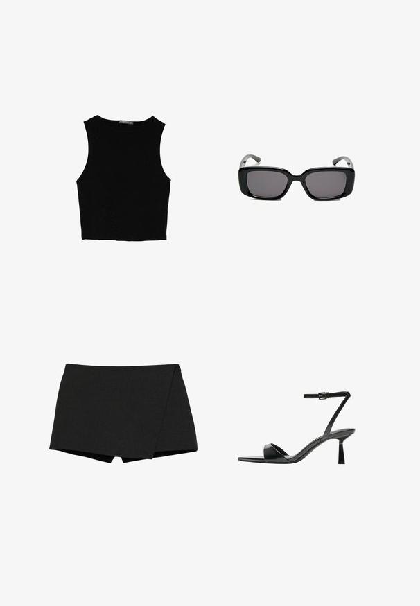 Sort ærmeløs crop top lavet af glat stof, med rund hals og et rent, enkelt design uden mønstre eller hardware.; Sorte, letvægts shorts med indpakningsdesign. Har en glat overflade og skarpe kanter. Lige kant og ingen synlige lukninger.; Bershka Højhælede sandaletter / Højhælede sandaler - black; Sorte rektangulære solbriller med mørke linser, glat plastikramme og buede stænger. Designet er klodset med en minimalistisk æstetik.
