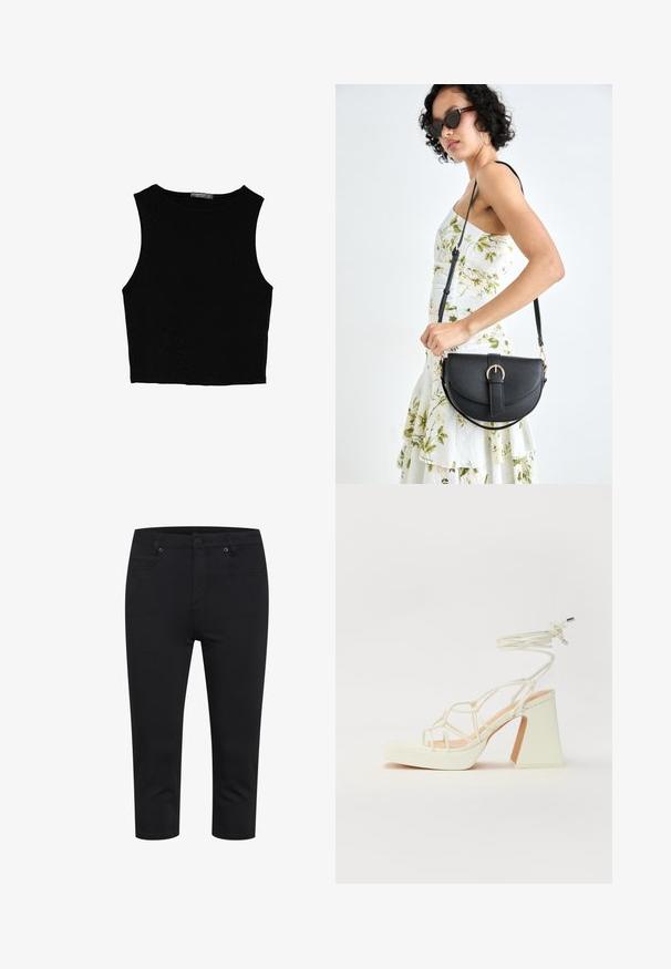 Black sleeveless crop top made of smooth fabric, featuring a round neck and a clean, simple design without patterns or hardware.; Black cropped slim-fit pants with front button, zipper closure, and front and back pockets, displayed on white background.; White high-heeled sandal with a chunky heel, featuring a strappy design and ankle tie. Smooth texture with a platform front for added height.; Black leather handbag with a curved shape, detachable strap, and gold hardware. The bag features a flap with a buckle detail.