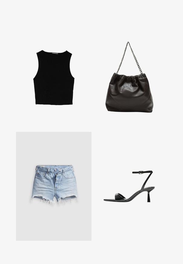 Černý bezsleeve crop top vyrobený z hladké tkaniny, s kulatým výstřihem a čistým, jednoduchým designem bez vzorů nebo kovových doplňků.; Světlé modré džínové kraťasy s roztrhanými lemy, pěti kapsami a zapínáním na knoflíky. Textura je měkká s mírně opotřebovaným vzhledem.; Bershka Sandály na vysokém podpatku - black; Hnědá kožená taška se sbíraným vrškem a řetízkovým popruhem. Hladký povrch s lesklým finišem a jemným švem na bocích.