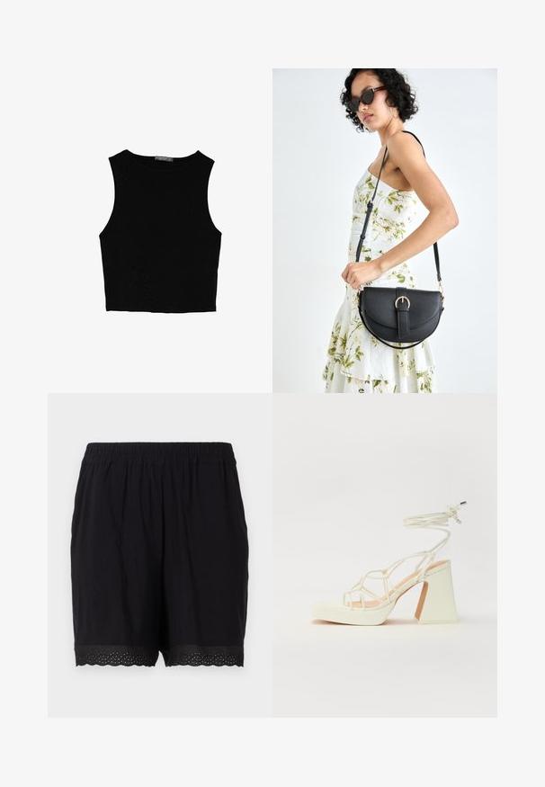 Schwarzes ärmelloses Crop-Top aus glattem Stoff, mit rundem Ausschnitt und einem klaren, schlichten Design ohne Muster oder Beschläge.; Schwarze Baumwollshorts mit elastischem Bund und gewelltem Saum, der eine perforierte Detailgestaltung an den Rändern aufweist. Aus weichem und leichtem Stoff.; Weiße High-Heel-Sandale mit einem klobigen Absatz, die über ein Riemchendesign und ein Knöchelband verfügt. Glatte Textur mit einer Plattform vorne für zusätzliche Höhe.; Schwarze Lederhandtasche mit geschwungener Form, abnehmbarem Tragegurt und goldenen Beschlägen. Die Tasche verfügt über einen Deckel mit einer Schnallen-Details.