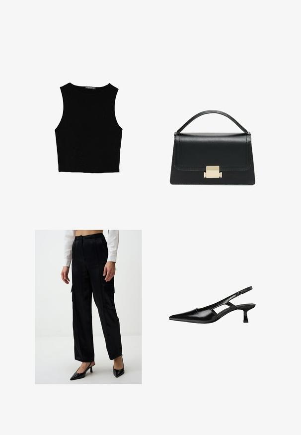 Czarny bezrękawnik crop top z gładkiego materiału, z okrągłym dekoltem i czystym, prostym wzornictwem, bez wzorów czy metalowych elementów.; Czarne satynowe spodnie cargo o luźnym fasonie, z bocznymi kieszeniami i gładką fakturą. W zestawie z czarnymi czółenkami na odkrytej pięcie w szpic.; Czarne lakierowane czółenka na odkrytej pięcie z wąskim noskiem, z wykrojem po bokach i małym kwadratowym obcasem. Gładka faktura z minimalnymi akcentami.; Czarna skórzana torebka o zorganizowanej konstrukcji, z górną rączką i złotym metalowym zapięciem z przodu. Gładka faktura, minimalne przeszycia.