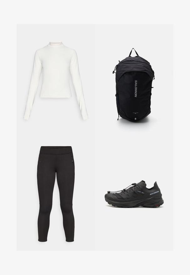Langærmet hvid sportstrøje med høj hals og lille centralt logo på brystet, vist på en ensfarvet baggrund.; Sorte atletiske leggings med en glat tekstur, elastisk talje og to lynlåslommer i siderne. Tætsiddende design og fuld længde.; Sorte trail løbesko med en tekstureret overdel, mesh-paneler og et sikkert lukkesystem. Har en robust ydersål for godt greb.; Sort rygsæk med et strømlinet design, tekstureret stof, justerbare stropper og et fremtrædende sølvfarvet "SALOMON" logo på fronten.
