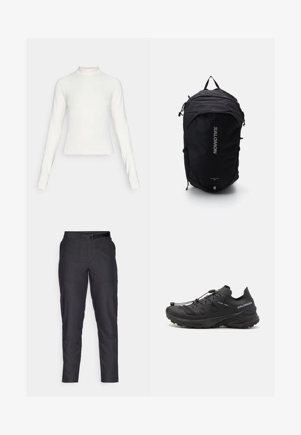 Vit långärmad atletisk topp med ståkrage och liten centrerad logotyp på bröstet, visad mot en neutral bakgrund.; Svarta slim-fit byxor i mjukt material, med bälte i midjan, raka ben och två framfickor med subtila stickningsdetaljer.; Svarta traillöparskor med en texturerad ovandel, meshpaneler och ett säkert fästsystem. Har en robust sula för bra grepp.; Svart ryggsäck med en strömlinjeformad design, texturerad tyg, justerbara remmar och en framträdande silverfärgad "SALOMON"-logotyp på framsidan.