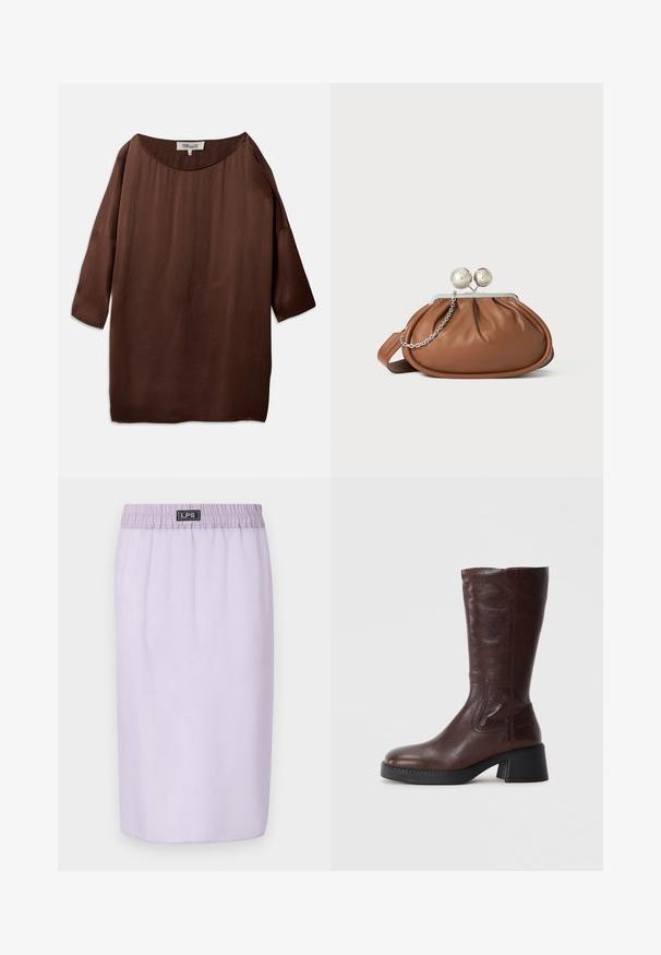 Brun, løs bluse med bred bådudskæring og trekvartærmer, lavet af et glat, struktureret stof. Toppen har subtile rynker.; Lilla nederdel med elastisk talje, knælængde, glat tekstur og uden synlige mønstre eller accenter. Brandlogo på taljen.; Brune læder knæhøje støvler med en struktureret overflade, firkantet tå og en lav blokhæl. Har sidelægning og en let flækket top.; Brun læder clutch-pung med sølv kugleklap og en lille sølv kædedetalje på en hvid baggrund.