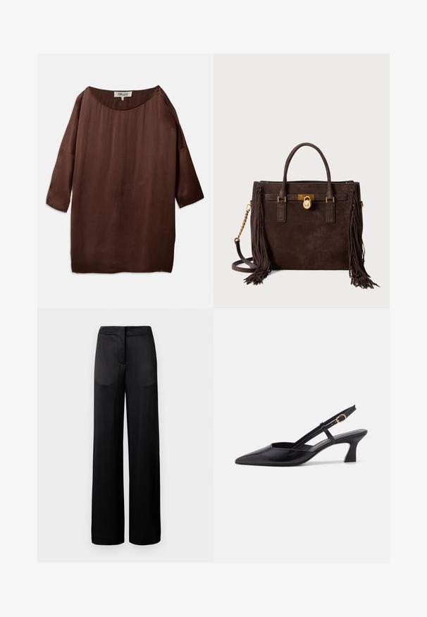 Blouse marron, ample avec un col bateau large et des manches trois-quarts, fabriquée dans un tissu lisse et texturé. Le haut présente des plis subtils.; Pantalons noirs à jambes larges avec une surface texturée, dotés d'une taille plate et de deux poches latérales. Le tissu semble léger et fluide.; Chaussure slingback en cuir noir avec un bout pointu, un petit talon et une sangle ajustable dotée d'un accent en anneau doré. Texture lisse et design minimaliste.; Sac à main en daim brun foncé avec deux poignées, quincaillerie dorée, bandoulière en chaîne ajustable et accents décoratifs en franges sur les côtés.