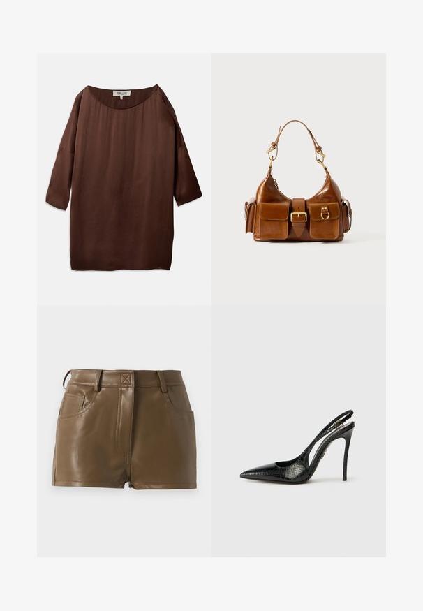 Blusa castanha, larga e solta, com um amplo decote à barco e mangas três quartos, feita de um tecido liso e texturizado. O topo apresenta rugas subtis.; Calções de pele sintética castanha com um design justo, cintura com passantes para cinto, bolsos frontais e detalhes de costura visíveis.; Sapato slingback preto com bico fino, padrão de pele de cobra texturizado, salto stiletto e uma fivela decorativa na tira.; Mala de mão em couro castanho com formato curvo, com acessórios em tom dourado duplo, dois bolsos frontais e uma alça larga. Textura suave com um acabamento elegante.