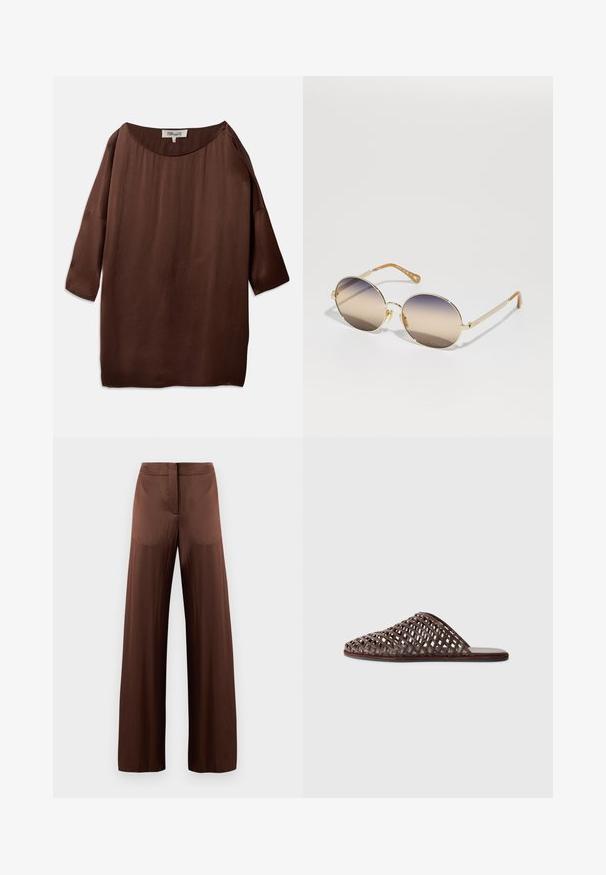 Ruskea, löysä paita, jossa on leveä venepäänti ja kolmivuorihihat, valmistettu sileästä, tekstuurista kankaasta. Paidassa on hienovaraisia ryppyjä.; Ruskeat leveälahkeiset housut, jotka on valmistettu sileästä, kevyestä kankaasta. Housuissa on tasainen etuosa, ei taskuja ja suora siluetti.; Ruske kudrane natikače s zaobljenim nosom, odprtim dizajnom, ravnim podplatom in teksturirano površino. Lahek material in minimalistična silhueta.; Kultaiset metalliset aurinkolasit, joissa on suuret pyöreät kehykset, liukuväriset linssit ruskeasta beigelle, ja brändätyt templet, joissa lukee "Chloé."; Vaalea harmaa nahkalaukku, jossa on U-muotoinen muotoilu ja kaareva metallikahva. Suora pinta, jossa on minimaalinen ompelu ja ei näkyviä kuvioita.