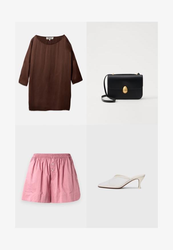 Brūna, vaļīga blūze ar plašu laivu kakla izgriezumu un trīs ceturtdaļu piedurknēm, izgatavota no gludas, teksturētas auduma. Topam ir maigas kroku detaļas.; Rozā kokvilnas miega šorti ar elastīgu jostasvietu, diviem priekšējiem pogām un brīvu piegriezumu. Audums ir gluds ar nedaudz satrulinātu tekstūru.; Baltas austs punka purngals mūlis ar šauru vidēji augstu papēdi un uzvelkamu dizainu uz vienkārša fona.; Melnas ādas rokassomu ar strukturētu taisnstūra formu. Iespējas zelta ovāla slēdzis un plāns plecu siksna. Gluda tekstūra.