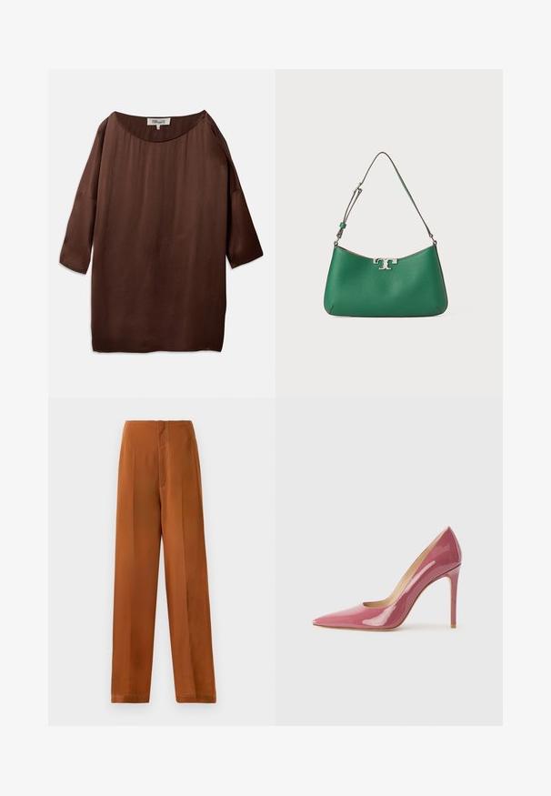 Blusa castanha, larga e solta, com um amplo decote à barco e mangas três quartos, feita de um tecido liso e texturizado. O topo apresenta rugas subtis.; Calças largas em um tom de marrom quente, com uma textura suave, cintura alta e costuras brancas contrastantes ao longo das emendas.; Sapatilha de salto alto em couro patente rosa, com bico fino e silhueta elegante, apresentando um detalhe recortado e um salto agulha.; Bolsa de mão verde em couro com formato curvo, com adornos em metal prateado, acabamento texturizado e uma única alça de ombro ajustável.