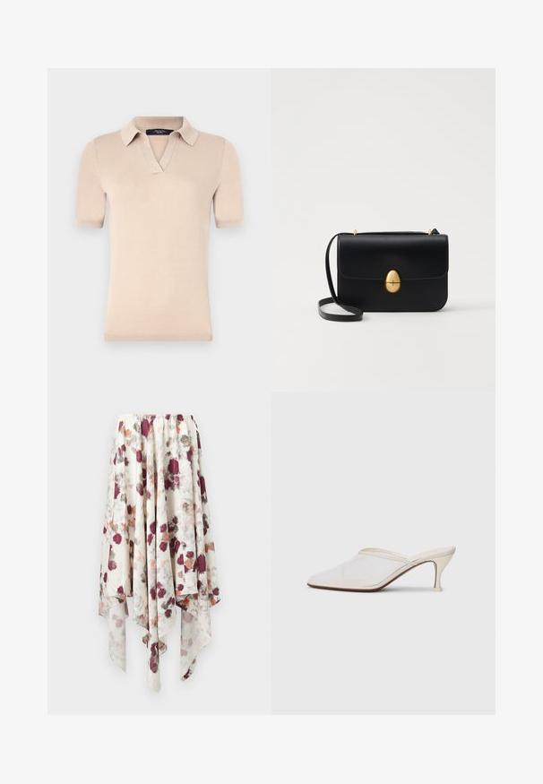 Polo de manga corta beige hecho de suave tejido de punto. Cuenta con un cuello en V y puños acanalados. Textura suave con un corte ajustado.; Falda de dobladillo en forma de pañuelo blanca con estampado floral acuarelado en color burdeos, gris y naranja, con cinturilla elástica.; Mule blanco de malla con punta afilada, tacón medio y diseño de fácil colocación contra un fondo liso.; Bolso de mano de cuero negro con forma rectangular estructurada. Presenta un cierre ovalado dorado y una delgada correa para el hombro. Textura suave.